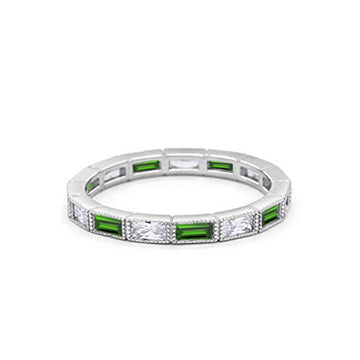 Art Deco Baguette Full Eternity Wedding Band Simulated Green Emerald CZ 925 Sterling Silver